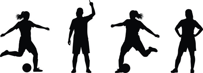 Silhouettes of soccer players in action, dynamic football movements, kicking ball poses, athlete standing figure, sports training illustration, isolated black shapes
