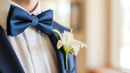 Close up of a groom wearing a blue bow tie and white flower on his suit lapel