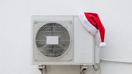 Air conditioner outdoor unit wearing Santa hat on white wall representing winter season sales, holiday promotions, and climate control concepts