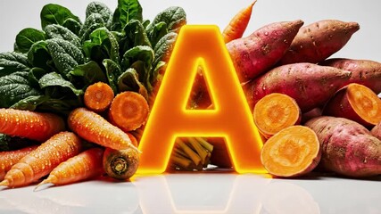 A vibrant display of fresh vegetables like carrots, sweet potatoes, and spinach, all excellent sources of essential Vitamin A for a healthy diet - Powered by Adobe