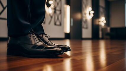 A close up of black leather dress shoes on a shiny wooden floor surface indoors
