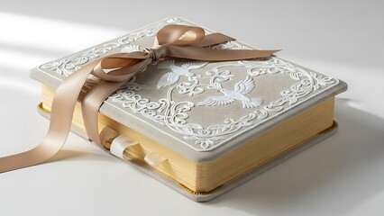 Ornate square box with doves and ribbon on a white surface in soft lighting