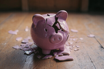 Cracked piggybank. Financial security concept. Broken money box. Finance saving goals for young adults in economic crisis, job loss, pension, redundancy, housing market, inflation, stagflation. Banner