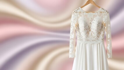 Elegant white lace wedding dress hanging on a wooden hanger with soft background