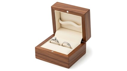 Close up of two rings in a wooden box with a white cushioned interior space