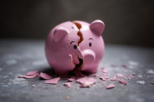 Cracked piggybank. Financial security concept. Broken money box. Finance saving goals for young adults in economic crisis, job loss, pension, redundancy, housing market, inflation, stagflation. Banner