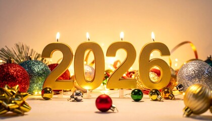 Golden “2026” numbers with ornament zero surrounded by baubles, ribbons, snowflakes, and glowing lights.