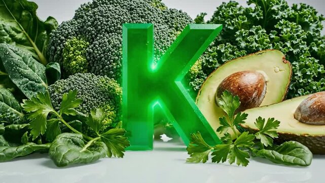 Healthy green vegetables and a large illuminated letter K symbolizing Vitamin K on a neutral background, a balanced diet
