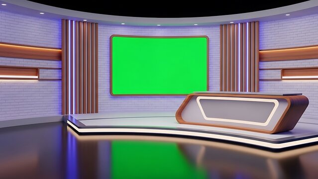 Modern TV Studio Set with Green Screen television chroma key virtual set news broadcast media production desk backdrop background brick