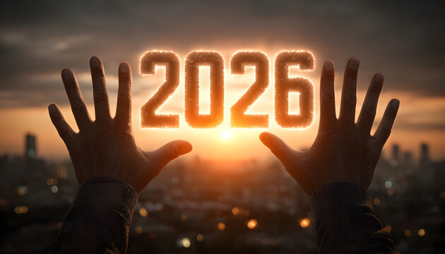 Silhouette of open hands reaching upwards towards the glowing numbers '2026' set against a vibrant, warm-toned sunset sky with a distant city skyline, symbolizing hope, new beginnings, and the future.