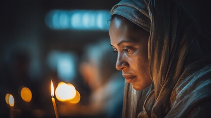 A woman lights a candle in a dimly lit church, creating a peaceful and reflective atmosphere. The flickering candle illuminates her face as she quietly embraces her devotion.