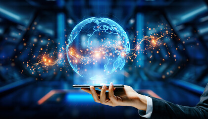 Businessman Using Smartphone with Glowing Holographic Earth and Digital Business Icons in Futuristic Technology Interface Against Blurred Blue Bokeh Background