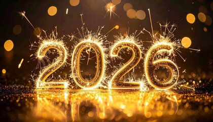 Golden sparkling “2026” numbers glowing like sparklers against a dark festive background with bokeh lights.
