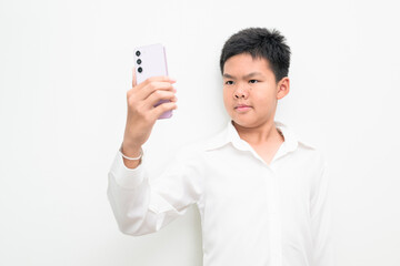 Asian Teenage Boy Student Studio Portrait on White Background Using Mobile Phone