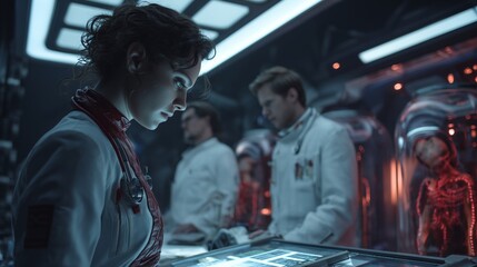 In a futuristic laboratory setting, a focused woman scientist analyzes data on a high-tech interface while two male technicians assist with monitoring young subjects in stasis. The