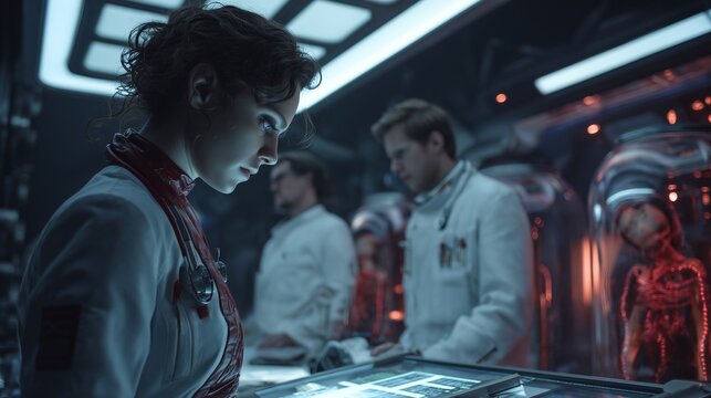 In a futuristic laboratory setting, a focused woman scientist analyzes data on a high-tech interface while two male technicians assist with monitoring young subjects in stasis. The