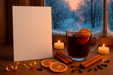 Warm mug of mulled wine stands next to candles and spices—the perfect drink for cold winter day. Blank sheet of paper for inscriptions