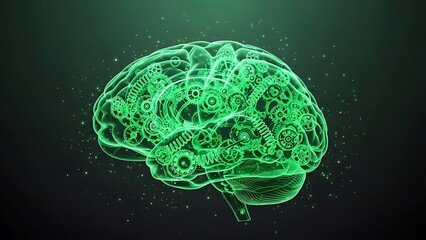 Conceptual illustration of a human brain filled with gears and cogs representing thought processing intelligence and the complexities of the mind on a dark green background