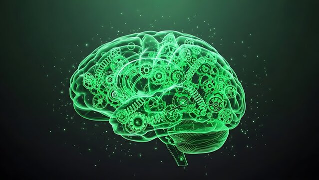 Conceptual illustration of a human brain filled with gears and cogs representing thought processing intelligence and the complexities of the mind on a dark green background - Powered by Adobe