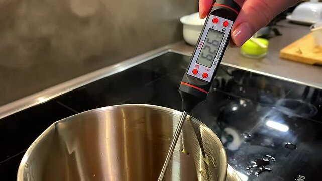 Measuring water temperature with a manual thermometer.