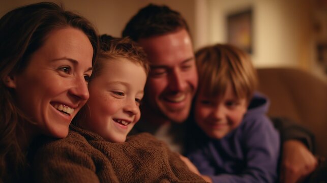 In a warmly lit living room, a man and woman sit closely with two boys, enjoying a movie together. The family shares smiles and laughter, highlighting their bond and connection.