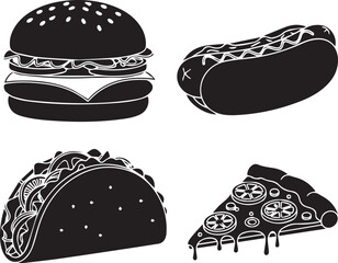 Black silhouette icons of burger hot dog taco and pizza slices