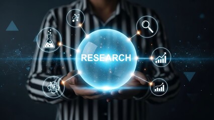 Conceptual visualization of research and development with holographic technology and a businessman presenting a glowing orb filled with data and analytics icons hovering above his hands