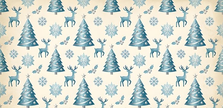Seamless vintage Christmas pattern background with reindeer and trees in blue, silver and cream colors. - Powered by Adobe