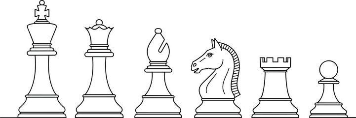 Set of black line vector icons for all six classic chess pieces: King, Queen, Bishop, Knight, Rook, and Pawn, symbolizing strategy and intellect. © MSTSHARMIN