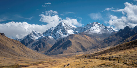 A panoramic view of a massive mountain range with snow-covered peaks contrasting with the arid, ochre-colored valley floor and high-altitude grasses under blue sky with scattered white clouds