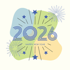 Happy New Year 2026 Celebration Card with Abstract Fireworks and Modern Typography

