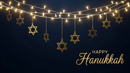 Happy hanukkah with star of david ornaments and string lights on dark blue