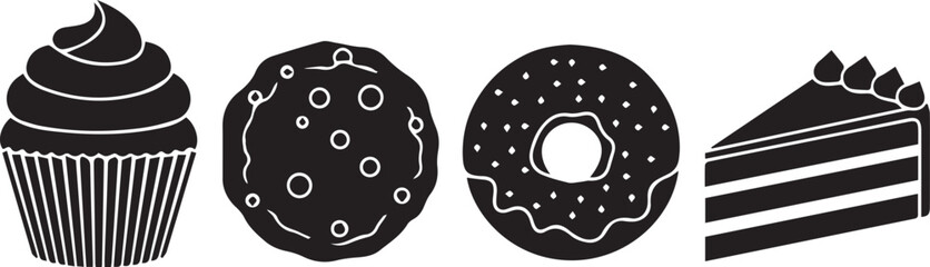 Black and white illustration of a cupcake donut cookie and cake slice