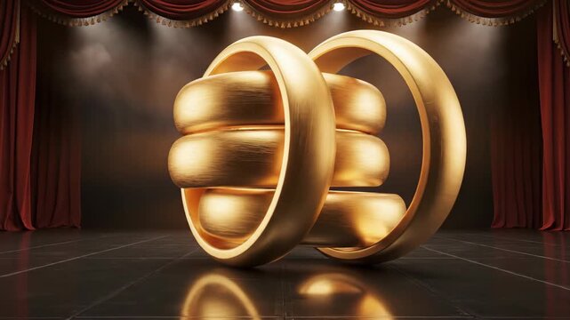A golden sculpture comprised of interlocking rings and cylindrical shapes on a stage lit by spotlights and framed by red curtains