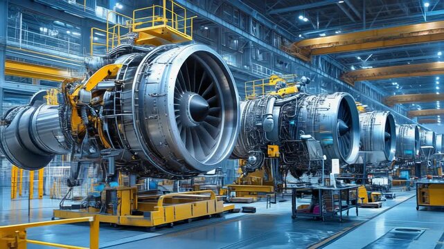 High-tech aircraft engine manufacturing facility with advanced machinery and efficient workflow