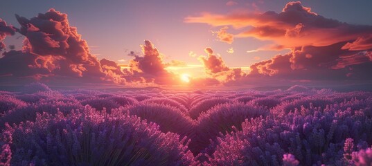 Serene sunset over a lavender field with vibrant purple flowers in a tranquil countryside