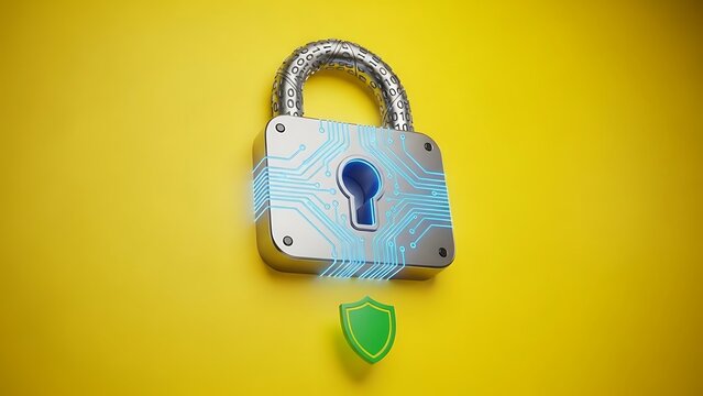 Cybersecurity lock with digital shield on yellow background, data protection concept. - Powered by Adobe