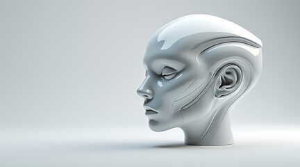 Futuristic glossy white robotic head sculpture with smooth contours and detailed facial features, evoking sense of advanced technology and calmness