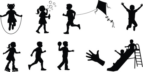 Black Silhouette Children Playing Outdoors, Jumping Rope, Blowing Bubbles, Flying Kite, Running, Rollerblading, and Sliding for Summer Fun