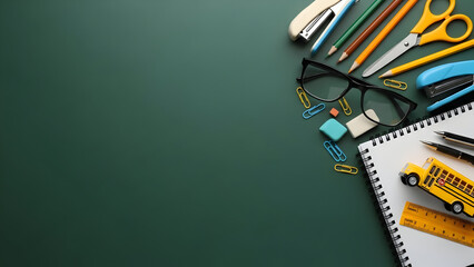 School supplies arranged on a green background with copy space