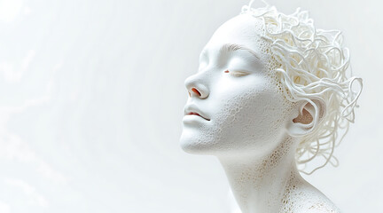 Delicate and intricate sculpture of human face with closed eyes and textured skin, evoking calm and serenity in white tones