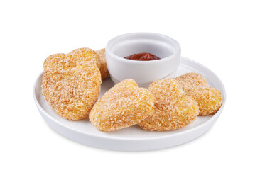 Potato croquette in the form of hearts with ketchup sauce for Valentine's day holidays on a white...