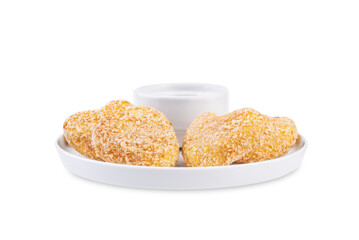 Potato croquette in the form of hearts with ketchup sauce for Valentine's day holidays on a white...