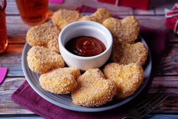 Potato croquette in the form of hearts with ketchup sauce for Valentine's day holidays