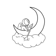 A whimsical line drawing of an astronaut in a spacesuit rowing a crescent moon boat, which rests gently on a fluffy cloud. Represents dreams, exploration, journey, imagination, and space travel.