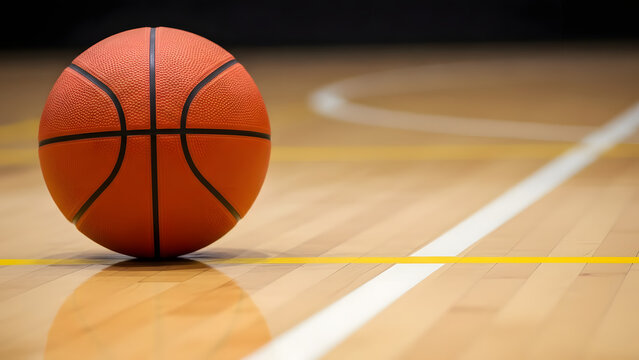 An orange basketball sits on a shiny wooden court with a white line running across the surface area - Powered by Adobe