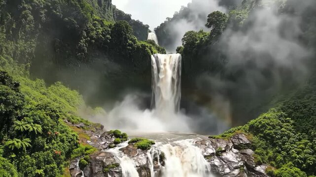 Majestic double waterfall cascades through a lush, misty tropical rainforest canyon with a faint rainbow visible in the spray