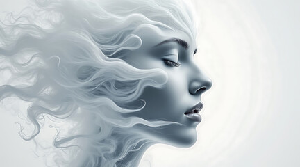 Fototapeta premium Striking conceptual artwork featuring face with flowing hair blending into background, evoking calm and ethereal beauty