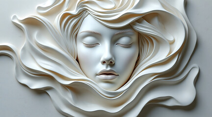 Serene face sculpted from swirling delicate white material with smooth flowing curves creating elegant and peaceful expression