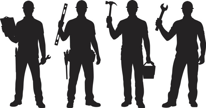Silhouettes of four male construction workers, handymen, and tradesmen wearing hard hats and holding various tools like a wrench, hammer, level, and clipboard, maintenance and repair service concept.